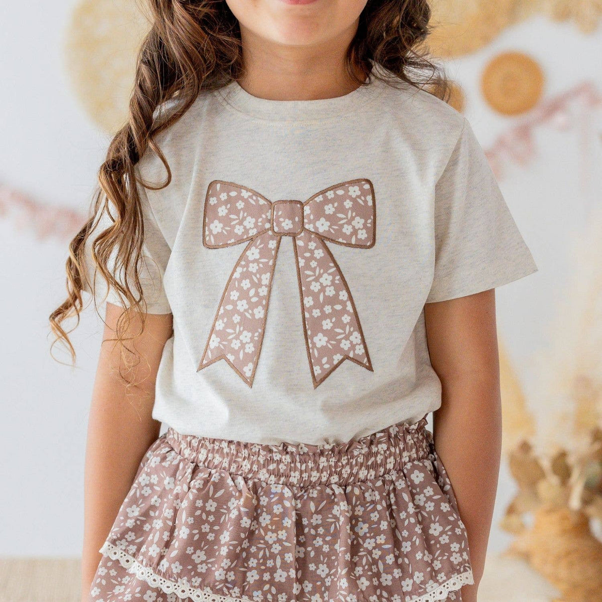 Mocha Floral Bow Patch Short Sleeve T-Shirt - Kids Clothing