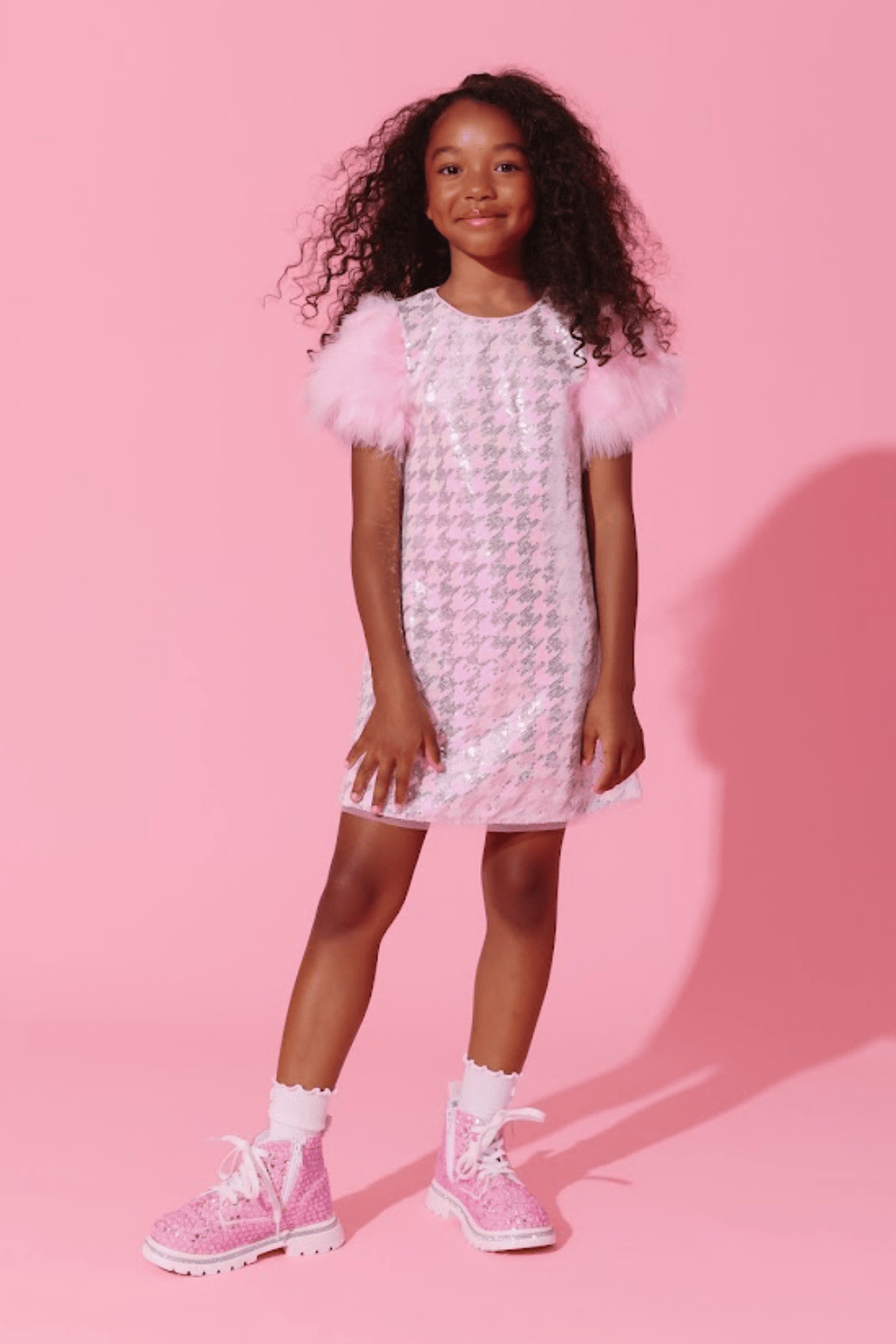 Houndstooth Sequin Feather Sleeve Party Dress