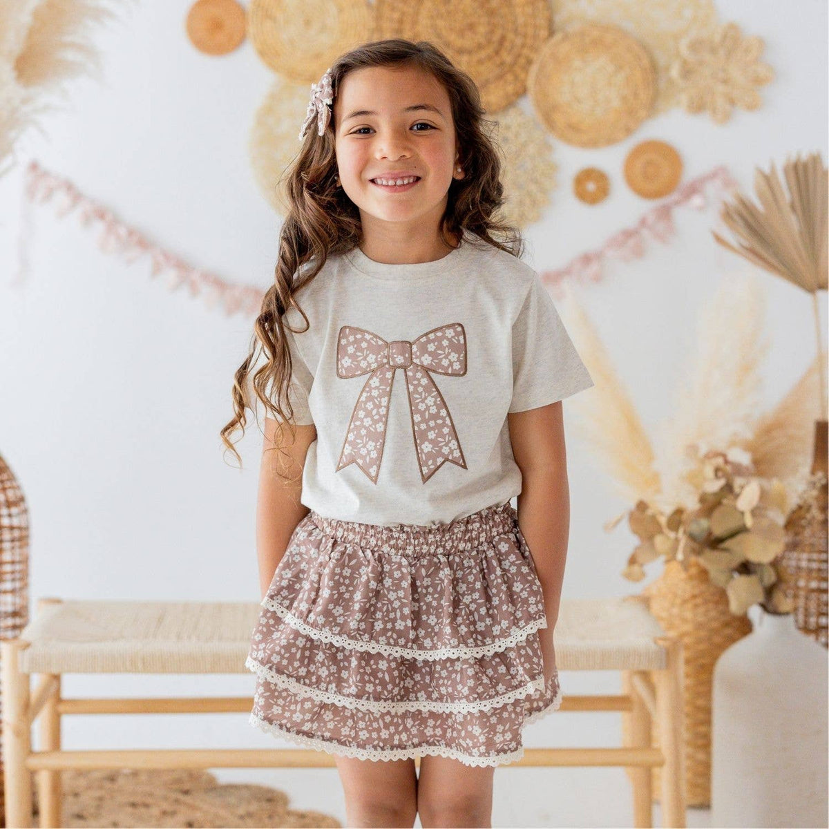 Mocha Floral Bow Patch Short Sleeve T-Shirt - Kids Clothing