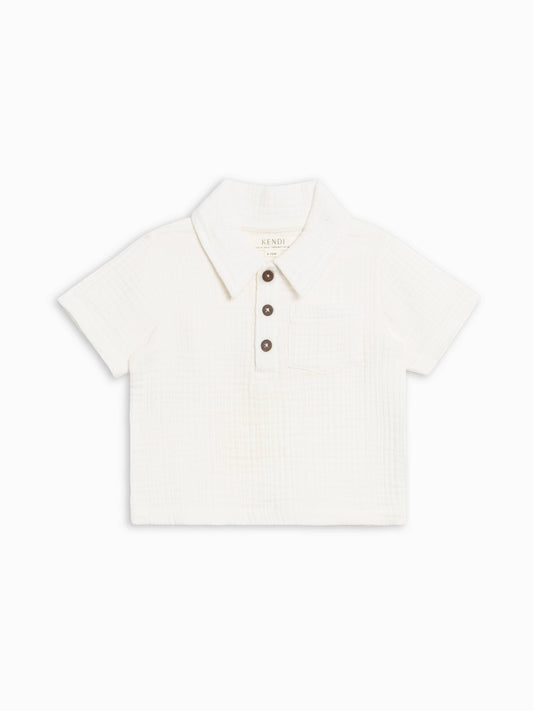 Ezra Muslin Short Sleeve Polo - Coconut