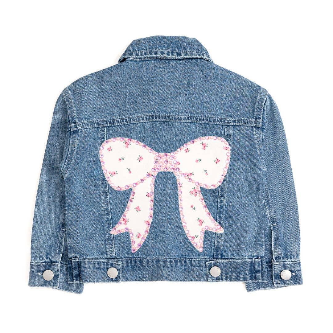 Pearl and Gemstone Floral Bow Patch Denim Jacket - Kids