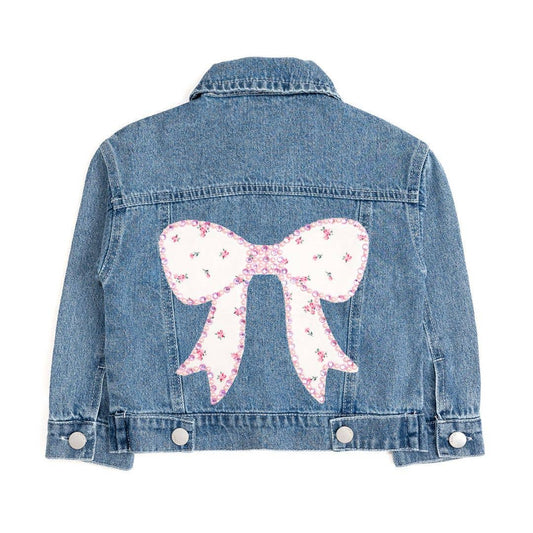 Pearl and Gemstone Floral Bow Patch Denim Jacket - Kids