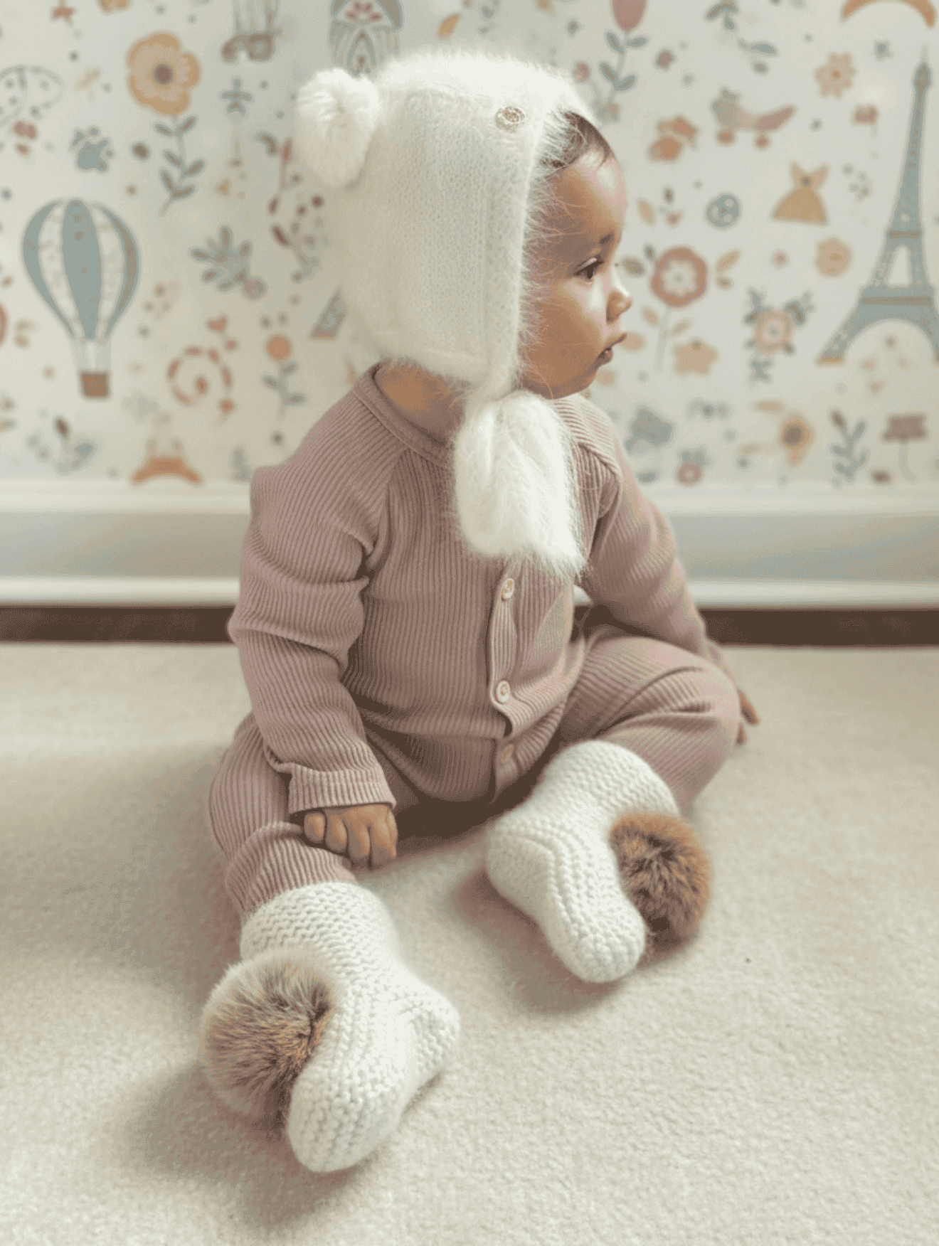 White Cashmere Teddy Hat
