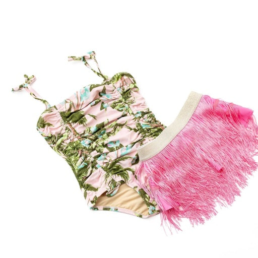 Blush Tropics Girls One Piece Swimsuit & Fringe Skirt Swim Set