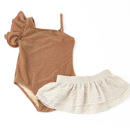 Shimmer Mocha Girls One Shoulder One Piece & Crochet Skirt Swim Set