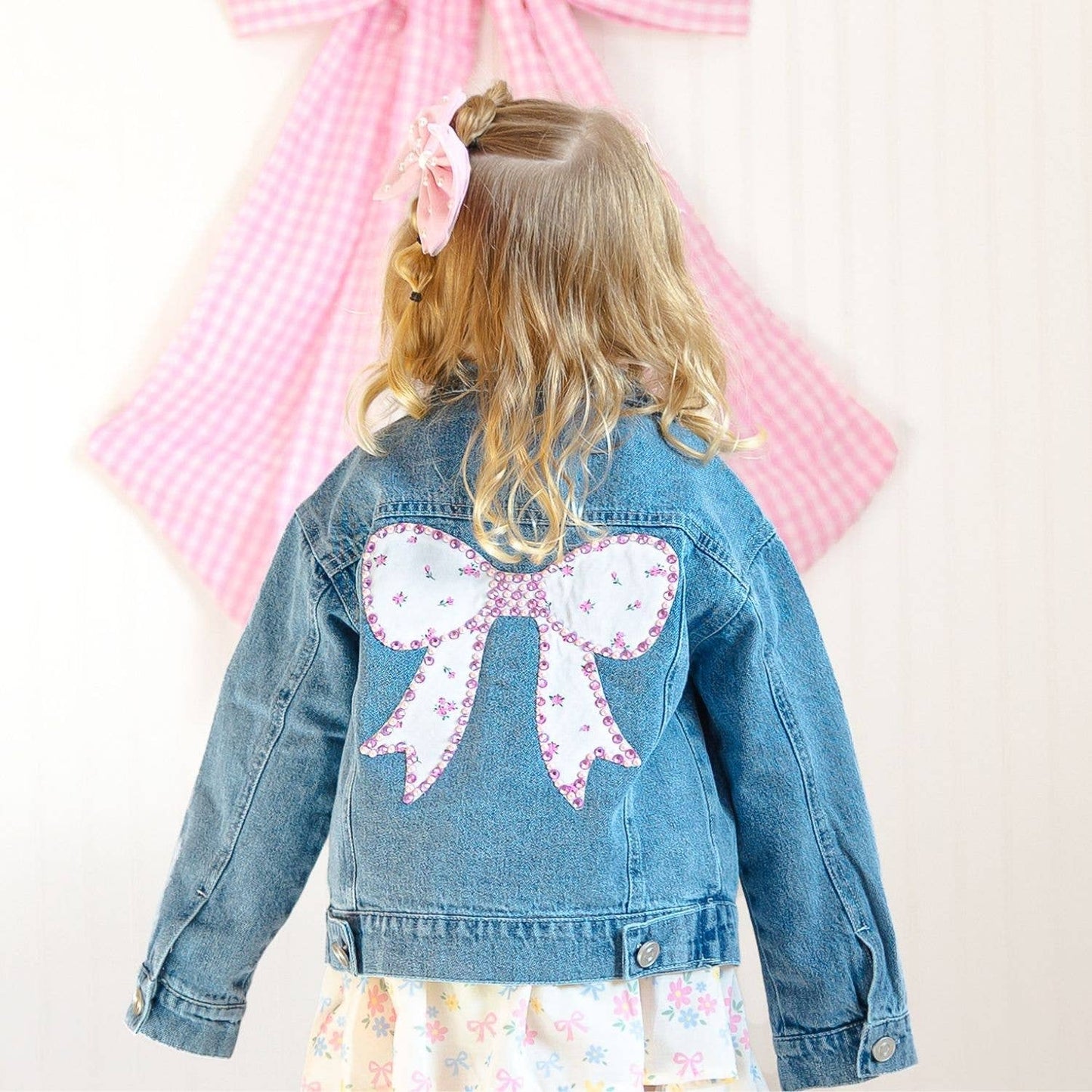 Pearl and Gemstone Floral Bow Patch Denim Jacket - Kids
