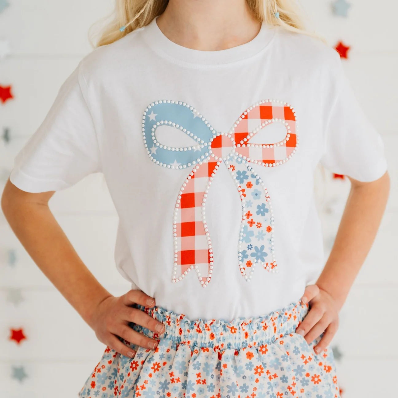 PATCHWORK BOW PATCH SHORT SLEEVE T-SHIRT - WHITE