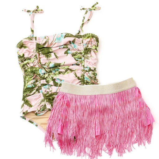 Blush Tropics Girls One Piece Swimsuit & Fringe Skirt Swim Set