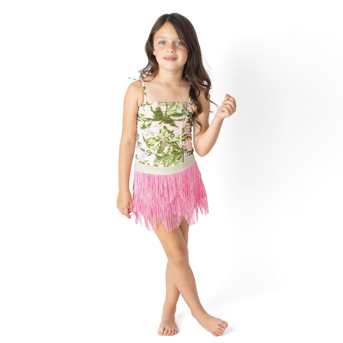 Blush Tropics Girls One Piece Swimsuit & Fringe Skirt Swim Set