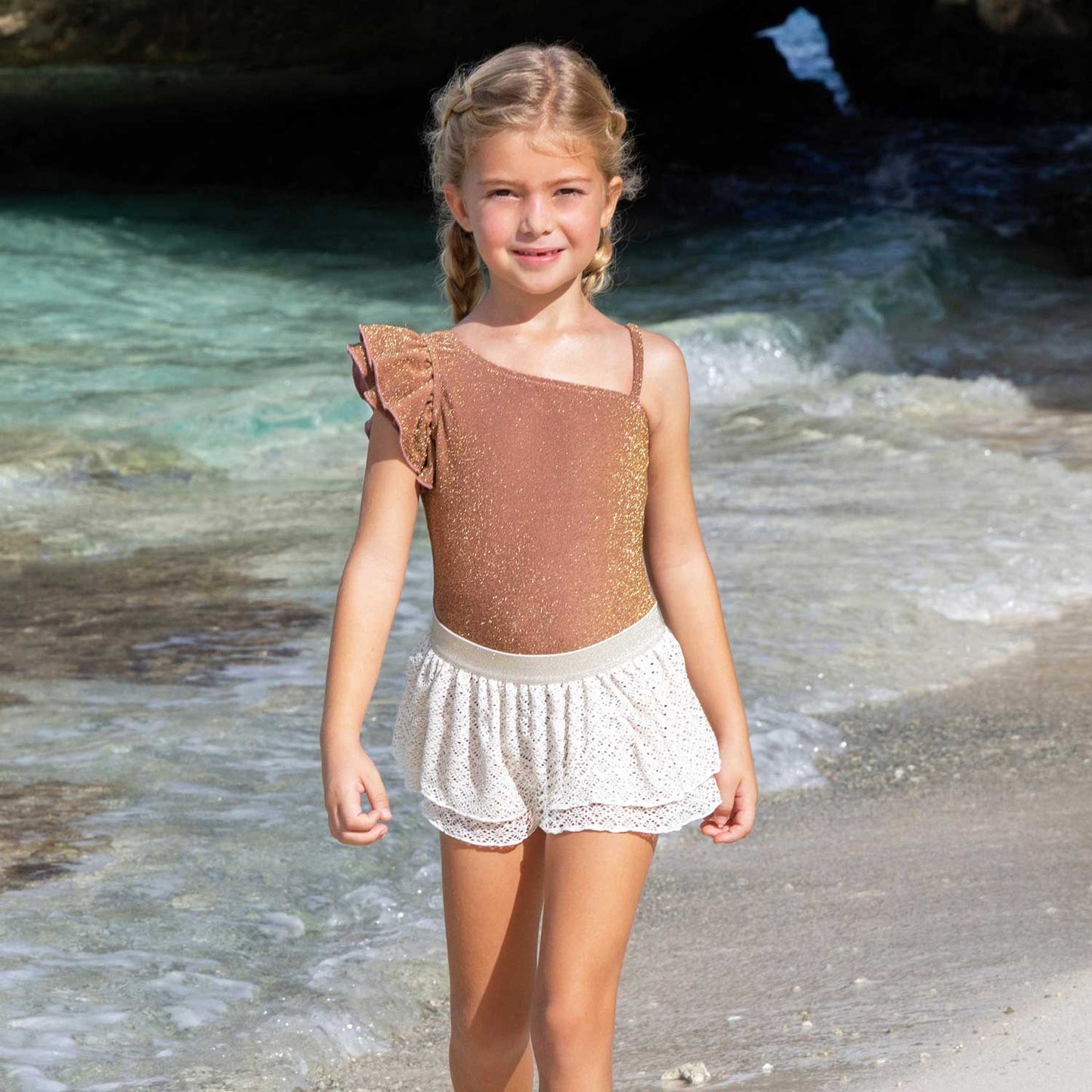 Shimmer Mocha Girls One Shoulder One Piece & Crochet Skirt Swim Set