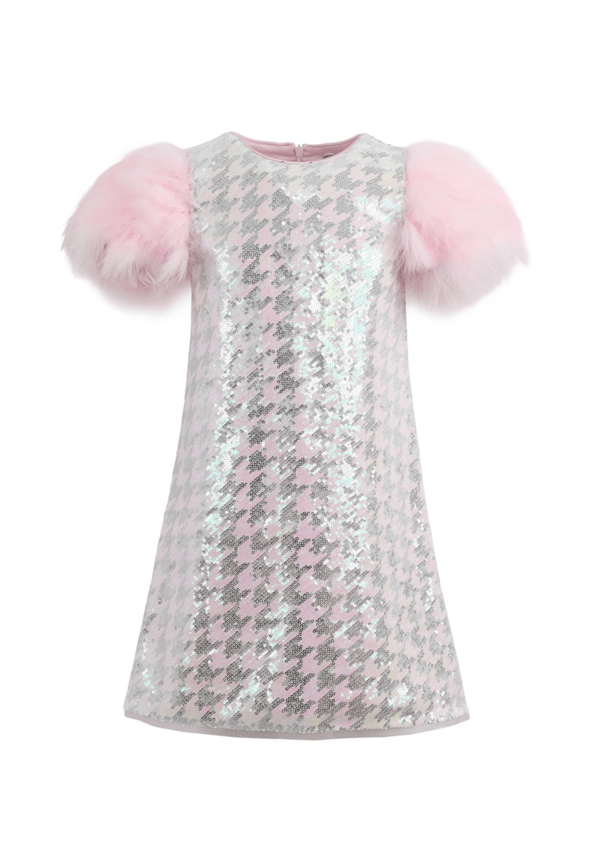 Houndstooth Sequin Feather Sleeve Party Dress