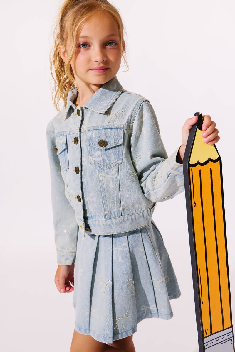 Sparkle Bows Denim Pleated Skirt