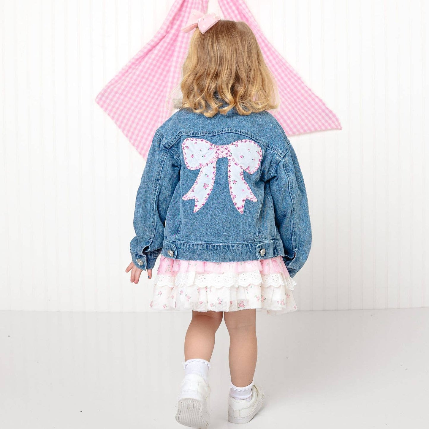 Pearl and Gemstone Floral Bow Patch Denim Jacket - Kids